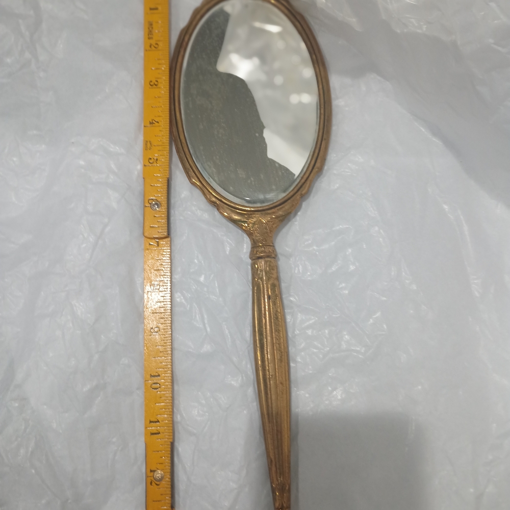 Vintage Bronze Oval Handheld Mirror, Letter M.